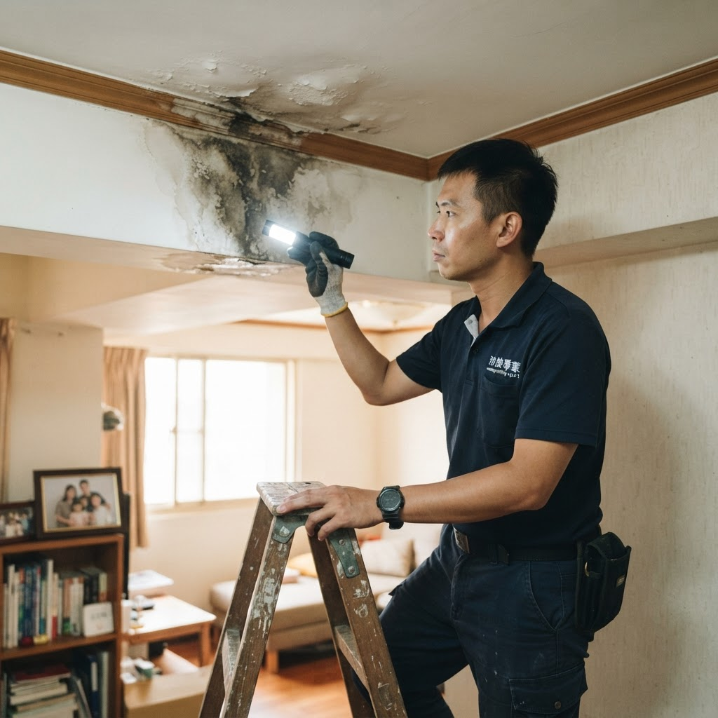 技術人員以手電筒檢查天花板角落的漏水痕跡